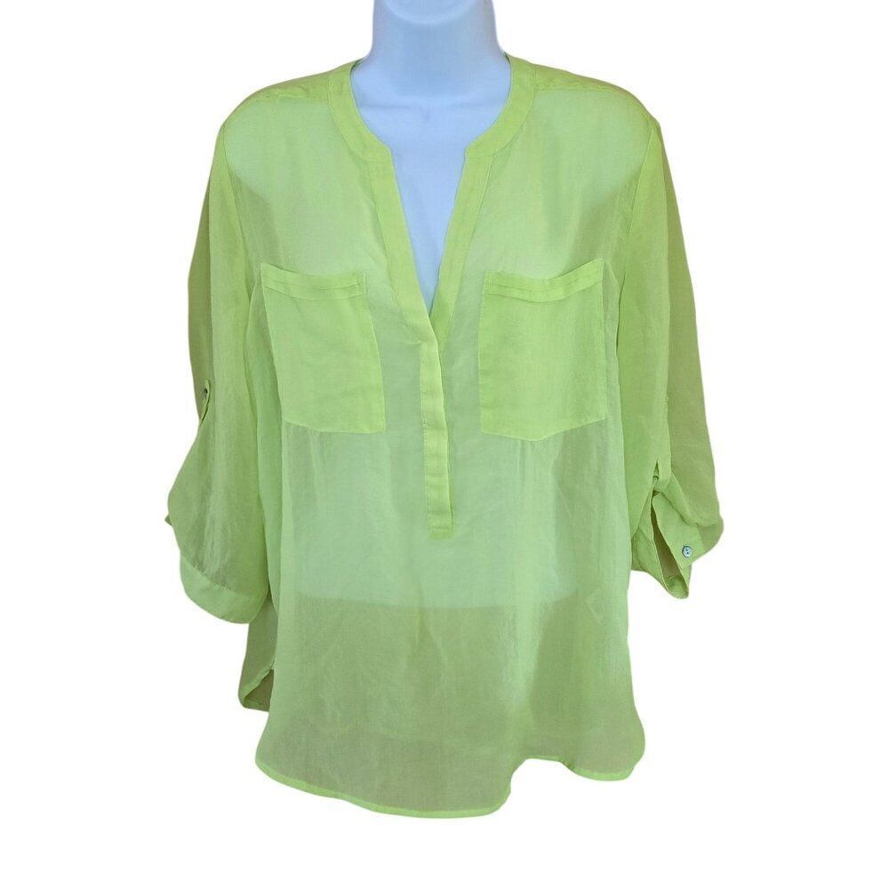 Bright Lime Sheer Blouse With Roll-Tab Sleeves neon 90's inspired y2k coquette